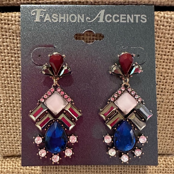 NWT Fashion Accents Earrings gold w/ maroon, pink, royal blue & hematite jewels - Picture 3 of 8
